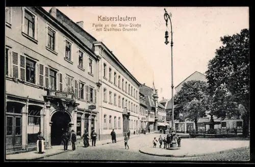 AK Kaiserslautern, Partie an der Steinstrasse mit Stadthaus-Brunnen