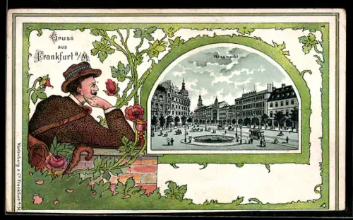 Passepartout-Lithographie Frankfurt a. M., Rossmarkt mit Strassenbahn, Herr an einer Mauer
