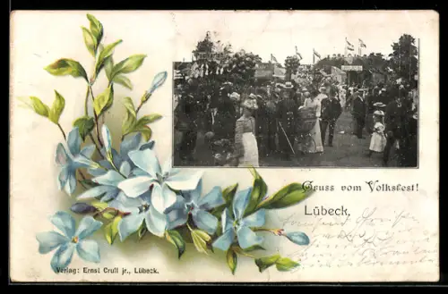 Lithographie Lübeck, Postkartenstand auf einem Volksfest, Blütenzweig, Passepartout