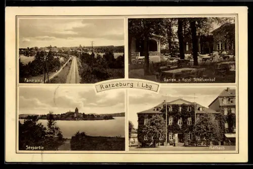 AK Ratzeburg i. Lbg., Garten vom Hotel Schützenhof, Rathaus, Seepartie