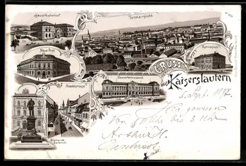 Lithographie Kaiserslautern, Hauptbahnhof, Neue Post, Marktstrasse