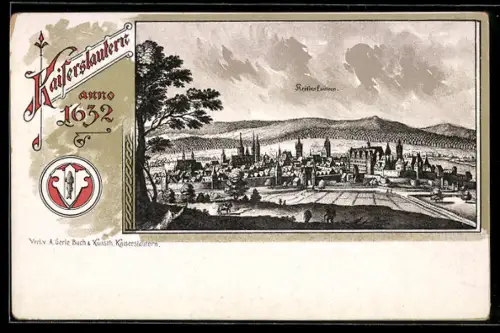 Künstler-AK Kaiserslautern, Historische Totalansicht mit Wanderern und Panorama