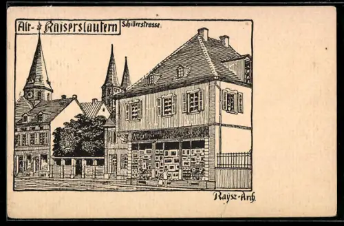 Lithographie Alt-Kaiserslautern, Schillerstrasse mit Geschäft