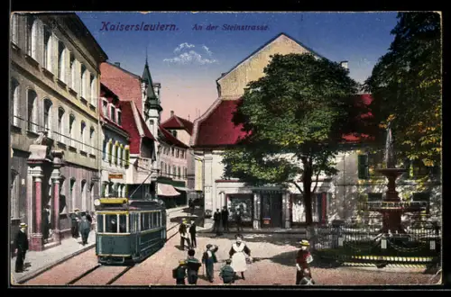 AK Kaiserslautern, An der Steinstrasse mit Geschäften, Brunnen und Strassenbahn