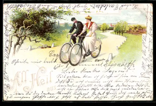 Lithographie Paar bei gemeinsamer Fahrt mit Fahrrad durch Landschaft