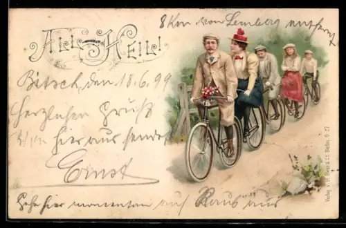 Lithographie Fahrradfahrer auf einer Tour zum Gasthof zur Schupfen