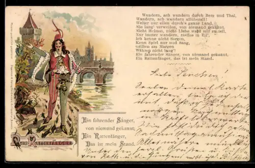 Lithographie Rattenfänger mit Ratten vor Hameln, Gedicht