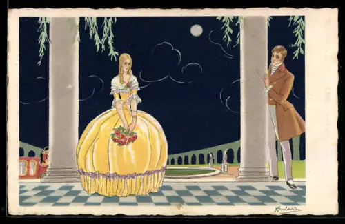 AK Verliebtes Paar steht auf der Terrasse, Art Deco