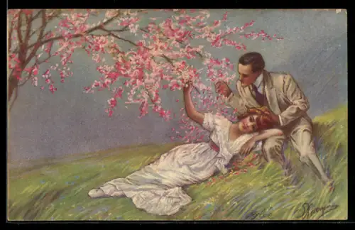 Künstler-AK G. Guerzoni: Verliebtes Paar unter Kirschblüten