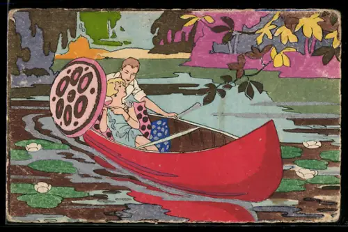 AK Liebespaar in einem roten Kanu, Seerosen