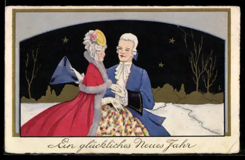 AK Festlich gekleidetes Rokoko-Paar im Schnee, Neujahrsgruss
