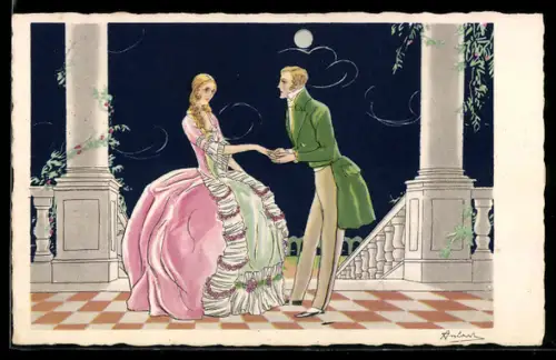 AK Festlich gekleidetes Paar auf einer Terrasse bei Vollmond