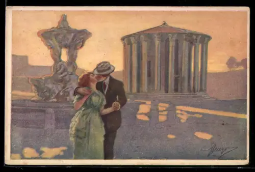 AK Paar beim Kuss in der Abendröte, Säulenrondell, Brunnen