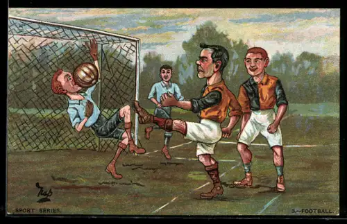 AK Fussballspiel, Torwart wird vom Ball getroffen, Karikatur