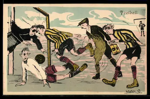 AK Fussballspiel, Verfehlter Kopfball, Karikatur