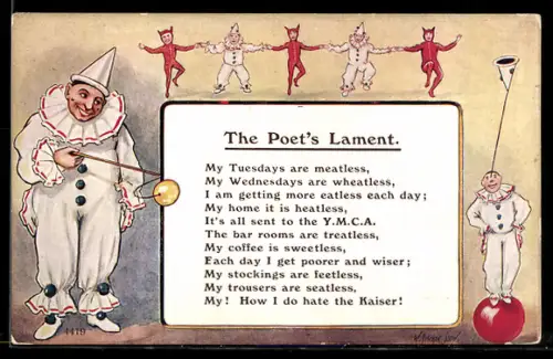 AK The Poet`s Lament, Gedicht, Tanzende Harlekine, Balancierender, Harlekin