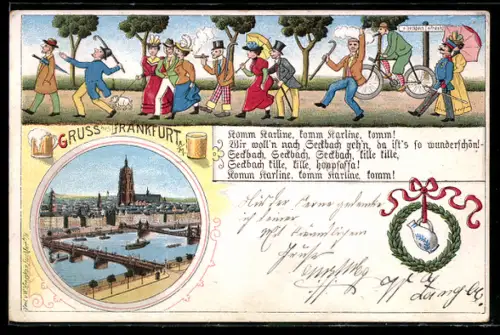 Lithographie Frankfurt a. M., Stadtansicht, Fröhliche Ausflügler auf dem Weg nach Seckbach, Wirtshausschild
