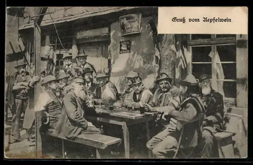 AK Frankfurt a. M., Männergruppe beim Apfelwein, AK-Reklame, Schild