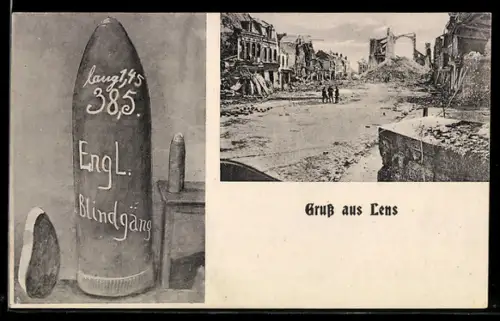 AK Lens, Englische Artilleriemunition, Blindgänger, zerstörter Ort