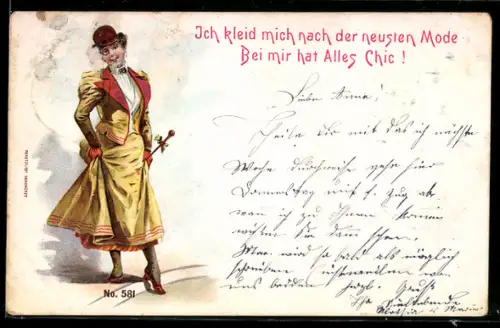 Lithographie Frau mit Monokel und Gehstock