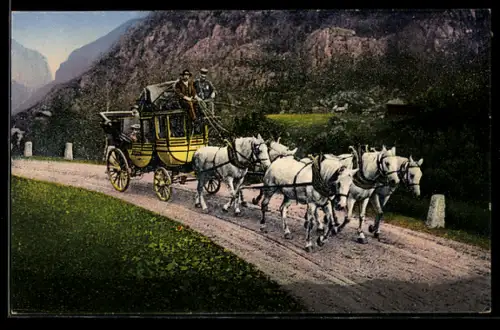 AK Schweizerische Gebirgspostkutsche mit fünf Pferden