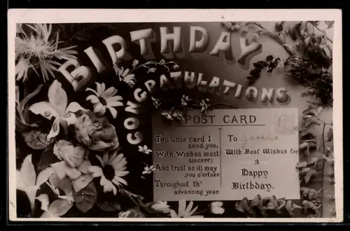 AK Geburtstagskarte mit vielen unterschiedlichen Blumen im Passepartout, Ansichtskartengeschichte, Reim