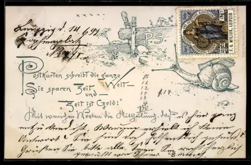 AK Mit Briefen beladene Schnecke, Ansichtskartengeschichte, Reim