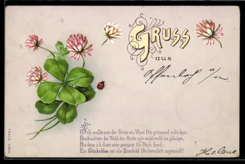 AK Glücksklee, Blumen und Marienkäfer, Ansichtskartengeschichte, mit Vers