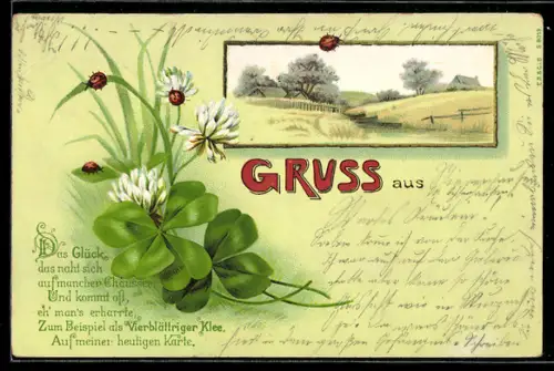 AK Ortspartie und blühender Klee mit Marienkäfern, Ansichtskartengeschichte, mit Vers