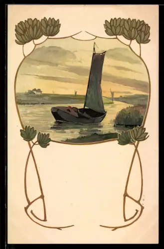 Lithographie Auf dem Lande, Segelboot, Jugendstil-Zierrahmen
