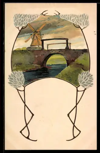 AK Mühle und Brücke mit Blüten und Ornamenten im Jugendstil