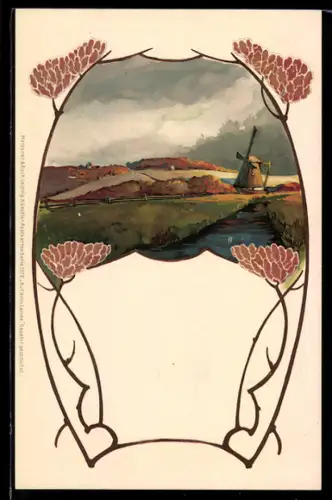 Lithographie Herbstlandschaft mit Windmühle, Ornament-Rahmen, Jugendstil