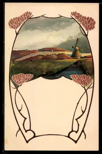 Künstler-AK Windmühle an einem Bach, Jugendstil-Illustration