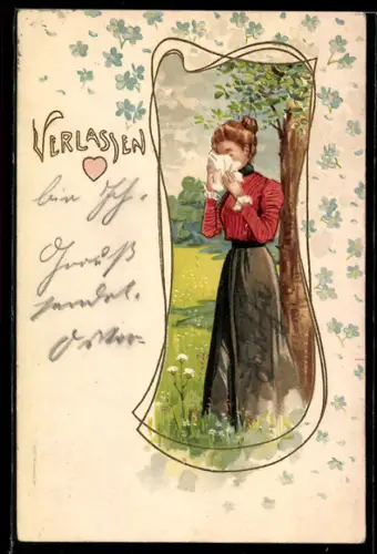 Lithographie Verlassen, Weinende junge Dame, Blüten, Ornament-Rahmen, Jugendstil
