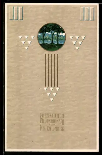 Präge-AK Flusslandschaft, Ornamente, Neujahrsgruss, Jugendstil