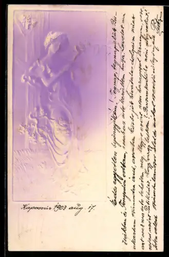 Präge-AK Junge Dame hält einen Ast mit Vögeln, Jugendstil