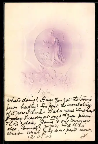 Präge-AK Elfe mit Blumen, Ornament-Rahmen, Jugendstil