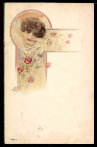 Lithographie Junge Dame mit Schleier, Blumen, Jugendstil