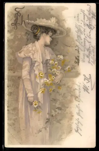 Künstler-AK Meissner & Buch (M&B) Nr.1081: Frau mit Hut und Blumen