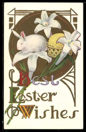 Präge-AK Lilien und gelbes Ei, Hase, Ornamente, Ostergruss, Jugendstil