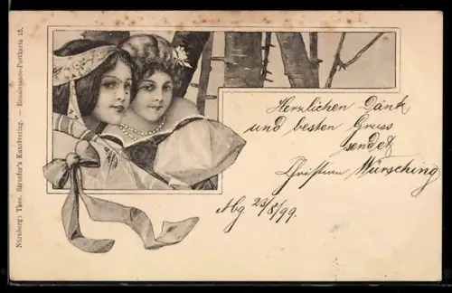 AK Zwei Mädchen vor Baumstämmen, Schleife, Jugendstil