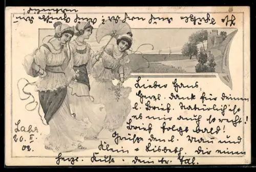 AK Drei junge Damen mit einem Fächer, Burg, Ornament-Rahmen, Jugendstil