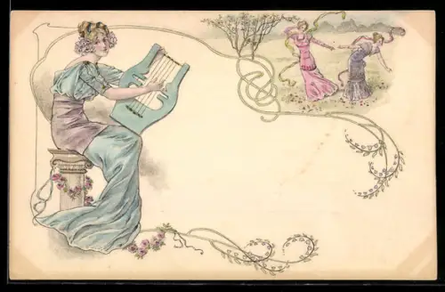 Lithographie Mädchen mit Harfe, Mädchen auf Blumenwiese, Jugendstil
