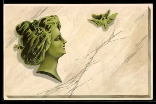 AK Jugendstil, Grünes Frauengesicht mit Vogelpaar