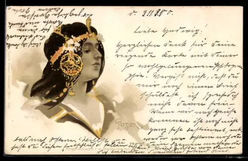 Lithographie Persien, Mädchen mit Gold-Kopfschmuck, Portrait, Jugendstil