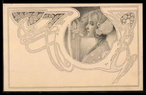 AK Junge Frau mit Kopfschmuck, Ornament, Jugendstil