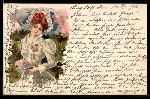 Lithographie Mädchen mit Weintrauben, Jugendstil