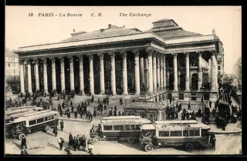 AK Paris, La Bourse avec tramways et foule animée