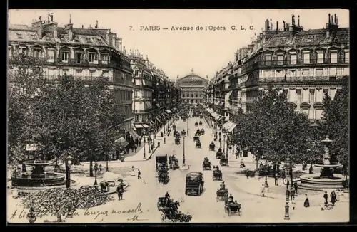 AK Paris, Avenue de l`Opéra avec calèches et fontaines