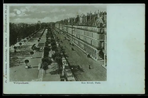 AK Paris, Rue Rivoli avec promenade arborée et immeubles haussmanniens
